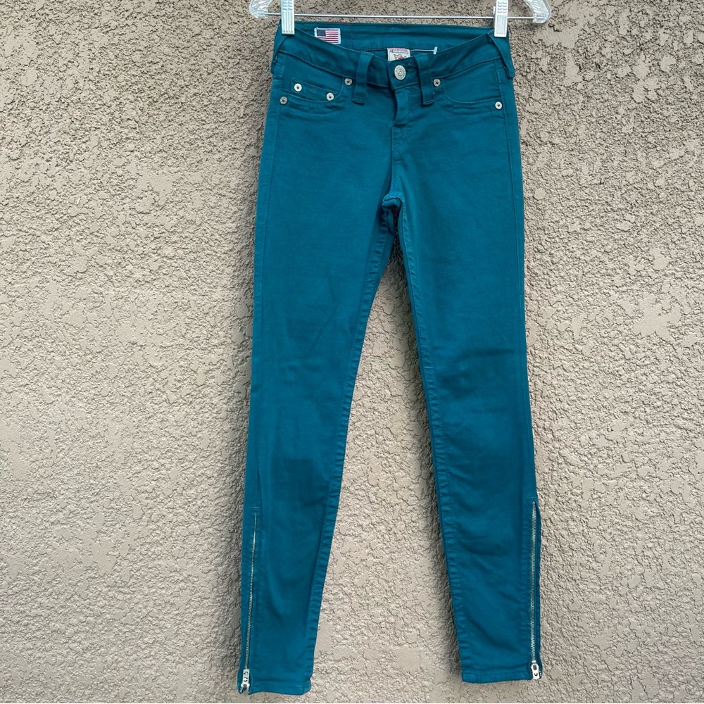 True Religion Women's Teal Jeans w Zipper‎ Hem